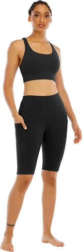 Vista 5 de WHOUARE Paquete de 4 pantalones cortos de yoga con bolsillos para mujer, cintura alta, atléticos, correr, entrenamiento, gimnasio, control de abdomen