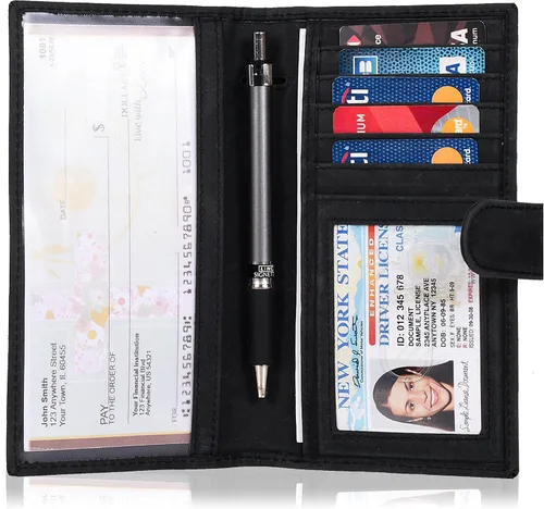 Vista 6 de Fundas de cuero RFID hechas a mano para hombres y mujeres con 6 tarjetas de crédito y 1 ranura para identificación y soporte para bolígrafo