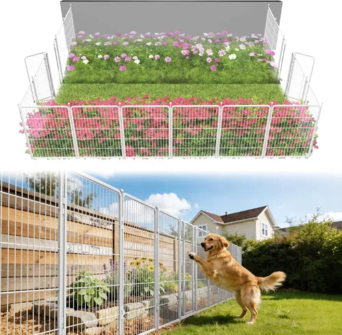 Vista 90 de FXW Valla de jardín al aire libre para el patio, 17 pulgadas de alto x 29.3 pies de largo, barrera de metal resistente para animales, para perros