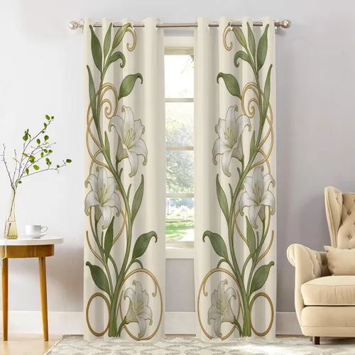 Vista 50 de Shrahala Art Nouveau Floral Pattern Blackout Curtain Tiers, Delicate Vine and Flower Design Kitchen Valance Light Blocking Tier Drapes with Rod