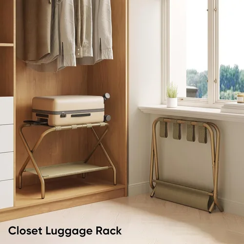 Vista 4 de Smart FENDEE Portaequipajes dorado para habitación de invitados, soporte plegable para maleta con estante de almacenamiento, soporte de equipaje
