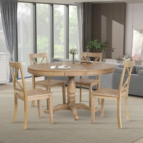 Vista 19 de Juego de mesa de comedor de madera de 5 piezas, mesa de comedor redonda extensible con 4 sillas de comedor, juego de mesa de cocina