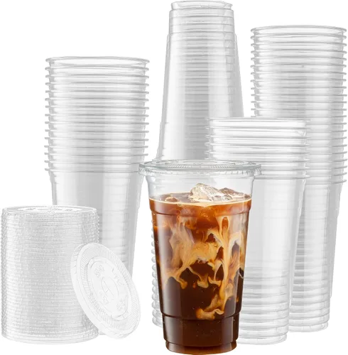 Vista 10 de ELEGANT DISPOSABLES Vasos de PET transparentes con tapas planas para café helado (12 onzas)