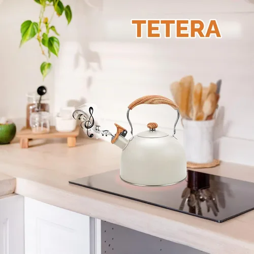 Vista 7 de Hervidor de Té Foedo para Estufa, Teteras Silbantes de 2.6 Cuartos para Estufa, Mango Plegable Resistente al Calor, Tetera Bonita (Beige)