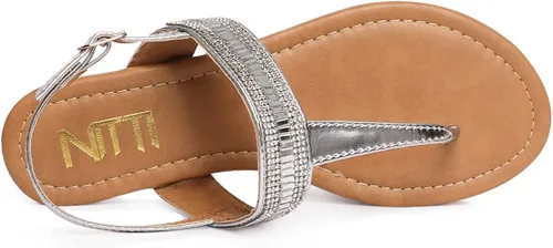 Vista 3 de NITTI Sandalias planas para mujer Correa en T con diamantes de imitación y hebilla de tobillo ajustable para mujer