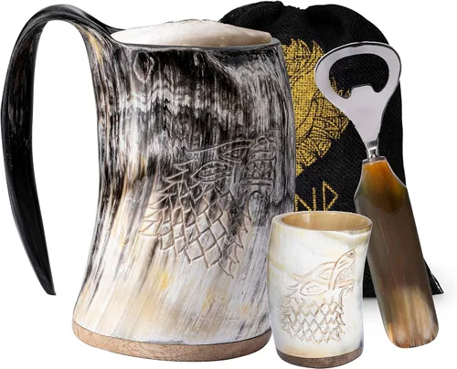 Vista 9 de FENRIR Taza de cuerno vikingo de 16 onzas con vaso de chupito, regalos vikingos para hombres y mujeres, abridor de botellas, jarra de cuerno de buey
