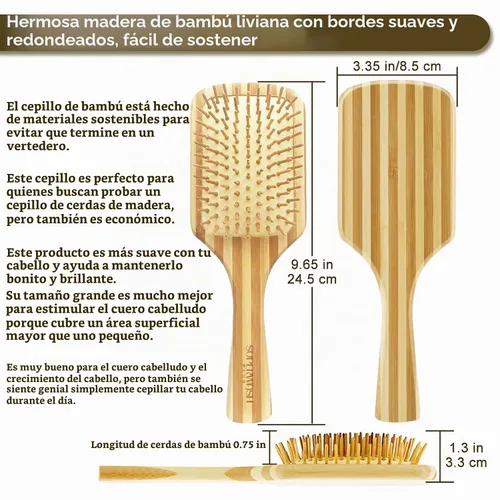 Vista 6 de Juego de cepillos de cabello para mujeres y hombres, cerdas de bambú natural, cepillo de paleta plana para cabello húmedo y seco, desenredante