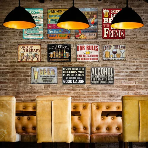 Vista 7 de Paquete de 8 letreros de metal divertidos para la pared del bar del hogar para decoración de cuevas de hombre, decoraciones retro de pub y regalos