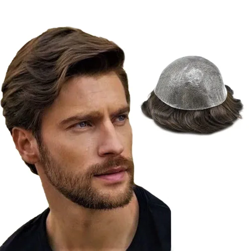 Vista 24 de Toupee para hombres Sistema de reemplazo de cabello humano real para hombres Completo PU Mens Hairpiece de aspecto natural para hombre piezas