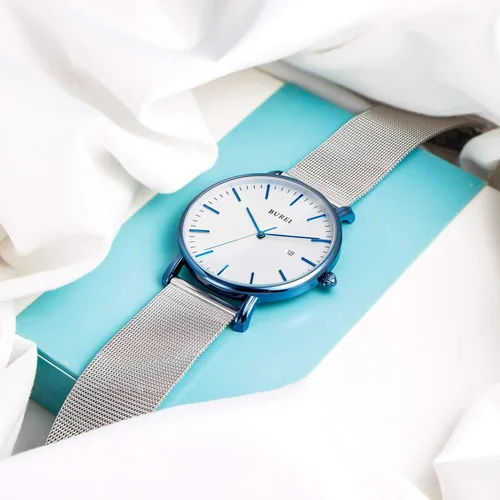 Vista 3 de BUREI - Reloj de pulsera analógico para hombre con fecha, extensible de malla de acero inoxidable