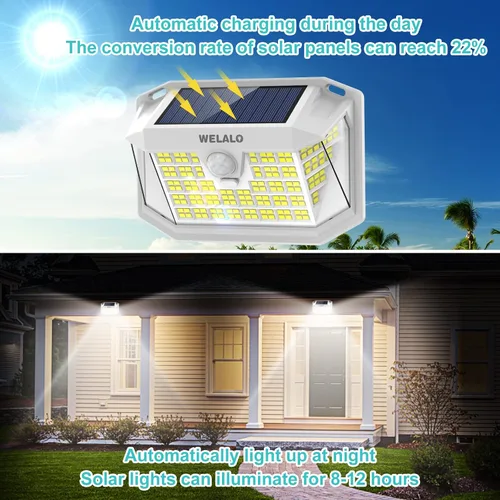 Vista 2 de WELALO Luces solares con sensor de movimiento para exteriores, [3 modos/4 paquetes/188 LED] Iluminación gran angular de 270°, luces de pared