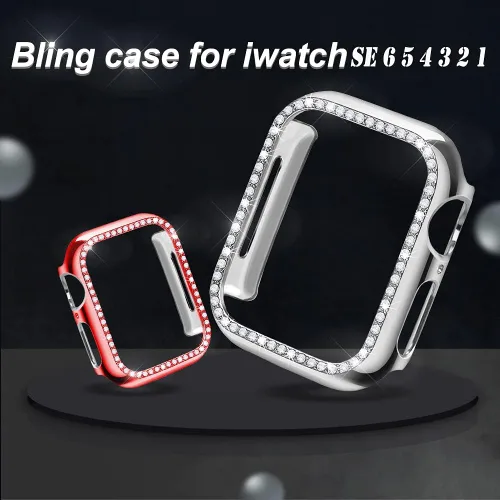 Vista 5 de Paquete de 2 fundas brillantes para Apple Watch de 1.732 pulgadas (Serie 6/5/4/SE) con protector de pantalla, cubierta de diamantes de cristal