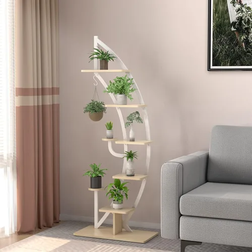 Vista 9 de Giantex Soporte para plantas de metal de 6 niveles para interiores, círculo luna-blanco
