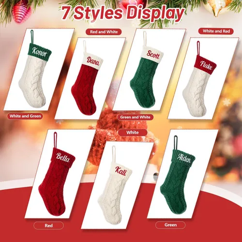Vista 5 de Medias de Navidad personalizadas, medias de Navidad grandes de punto con bloques de color, medias de Navidad familiares con nombre, medias colgantes
