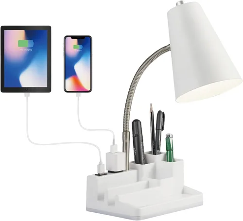 Vista 7 de HonoDing Lámpara de escritorio E26 con 1 puerto de carga USB y 1 toma de corriente AC, base organizadora, cuello ajustable, interruptor