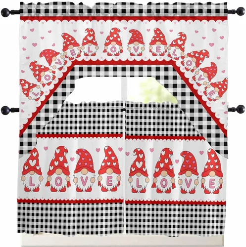 Vista 20 de Cortinas de Gnomos de San Valentín con Cenefa para Cocina, Cortinas con Bolsillo para Barra para Dormitorio, Sala de Estar, Baño, Cafetería, Negro