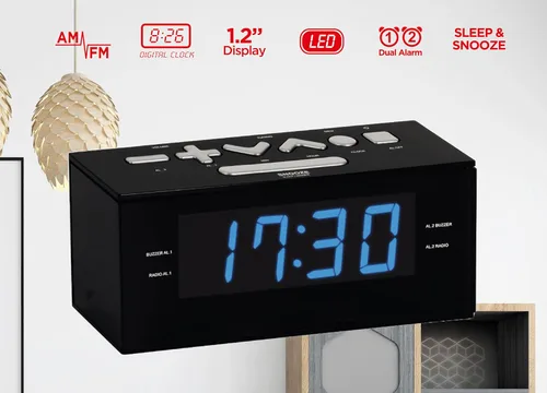Vista 3 de HANNLOMAX HX-144CR Radio despertador AM/FM, pantalla LED azul de 1.2" Radio AM/FM, reloj digital, alarma dual, entrada auxiliar, adaptador AC/DC