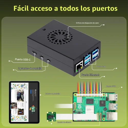 Vista 4 de iRasptek Kit de inicio para Raspberry Pi 5 8GB RAM: incluye placa de 8 GB, adaptador de alimentación USB-C Pi5 de 5.1 V 5 A, carcasa de metal Pi5