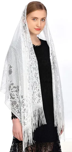 Vista 2 de PAMOR Bufanda de velo de capilla, velos de mantilla, chal rectangular con ribete de flecos