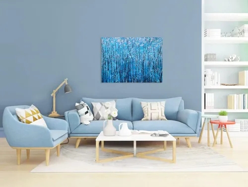 Vista 8 de SYGALLERIER Lienzo abstracto de árbol con pinturas texturizadas pintadas a mano en negro y azul con lámina plateada, imágenes modernas del bosque