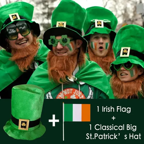 Vista 2 de XGiGiX Sombrero del día de San Patricio y bandera irlandesa, Luck of the Irish vestido de desfile de sombrero de terciopelo verde para hombre