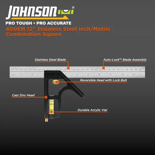 Vista 2 de Johnson Level & Tool - Cuadrado profesional de combinación de metal métrico/400EM de 12 pulgadas, plateado, 1 cuadrado