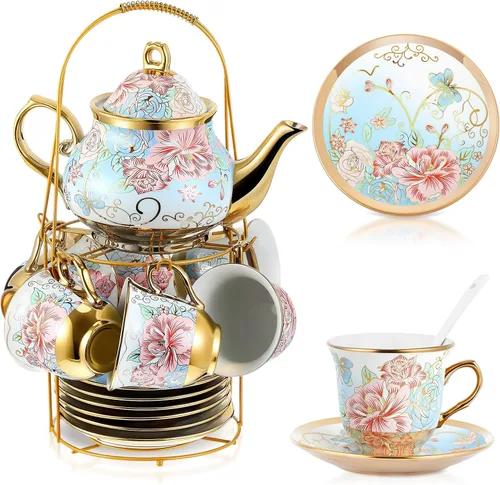 Vista 12 de Zhehao Juego de té de porcelana de 20 piezas con soporte de metal y cuchara para adultos, juego de té de cerámica para adultos, pintura de flores
