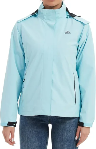 Vista 2 de MOERDENG Chaqueta impermeable para mujer, ligera, con capucha, para senderismo, cortavientos softshell