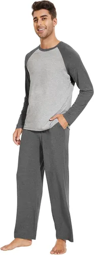 Vista 3 de WiWi Conjunto de pijama de bambú de manga larga para hombre, ropa de dormir de punto cómoda de 2 piezas, conjuntos de ropa de descanso