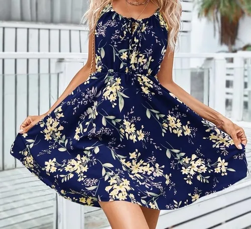 Vista 3 de Floral Cuello Redondo Sin Mangas Impresión Poliéster Sobre La Rodilla Vestido De Princesa
