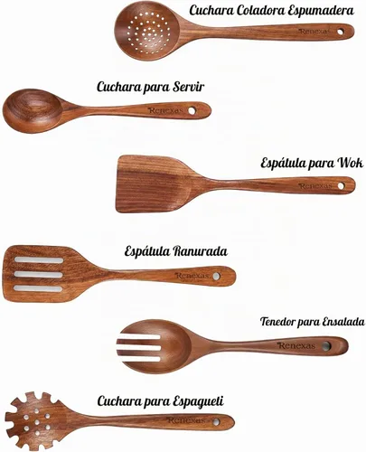Vista 3 de Juego de utensilios de cocina de madera de teca para cocinar, cucharas