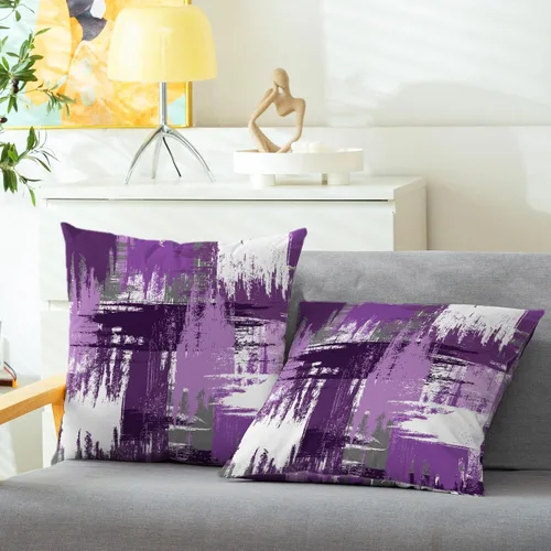 Vista 5 de CaliTime Fundas de almohada decorativas de 16 x 16 pulgadas, paquete de 2 fundas de cojín acogedoras de vellón entrelazadas con pinceladas de Morado