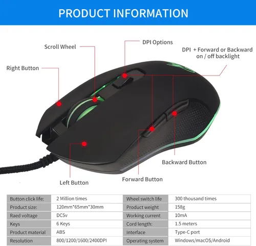 Vista 5 de IULONEE Ratón óptico con cable USB tipo C, silencioso para computadora, mouse óptico para juegos, ergonómico, 7 retroiluminación LED, 2400 DPI, 6
