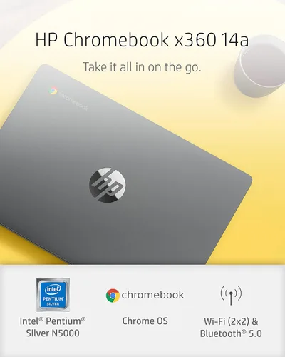 Vista 2 de HP - Laptop Chromebook x360 14a 2 en 1, Intel Pentium Silver N5000, 4 GB RAM, 64 GB eMMC, pantalla HD de 14", Chrome OS, cámara web, micrófonos