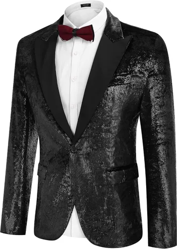 Vista 3 de COOFANDY Chaqueta de terciopelo brillante para hombre, chaqueta de esmoquin con lentejuelas para graduación, cena, fiesta, boda, Oro