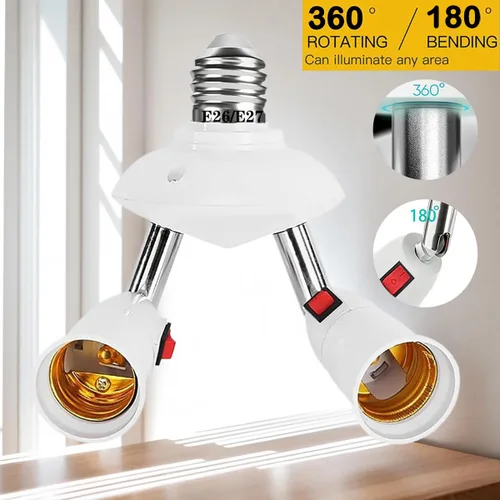 Vista 2 de Adaptador de enchufe divisor 2 en 1 ajustable de 360° E26/E27 para bombillas LED estándar (W/SW)