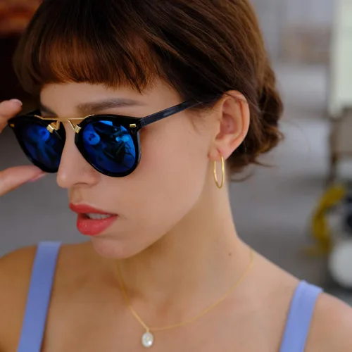 Vista 6 de LEMON GRASS Gafas de sol para mujer, estilo vintage, retro, redondas, espejadas, con borde con cuernos
