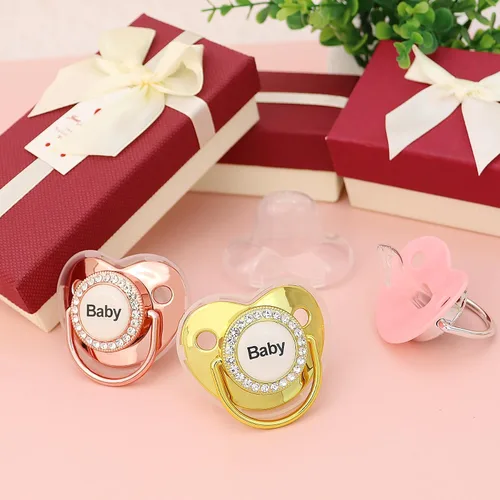 Vista 2 de Chupete personalizado con nombre, set de clip para chupete dorado brillante con caja de almacenamiento, chupete personalizado con purpurina