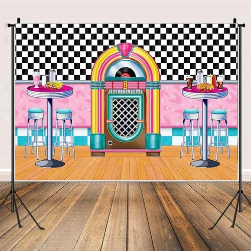 Vista 2 de Fondo de fotos de comedor clásico para cenar, fondo retro para cenar, música rock, decoración clásica de fiesta de cumpleaños, taburetes de bar