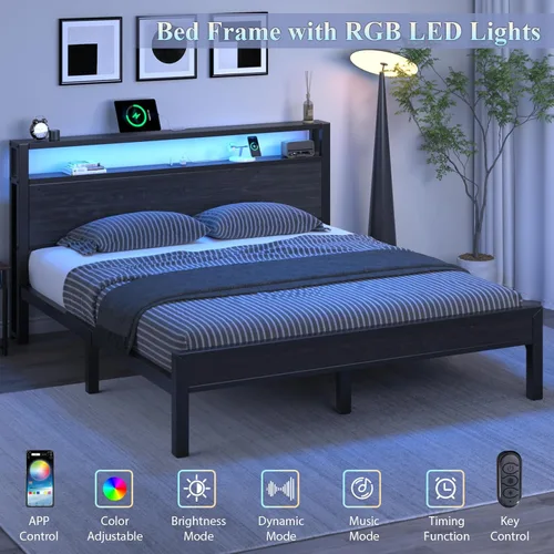 Vista 60 de LOEWAY Base de cama tamaño Queen con cabecero de almacenamiento y luces LED, color gris