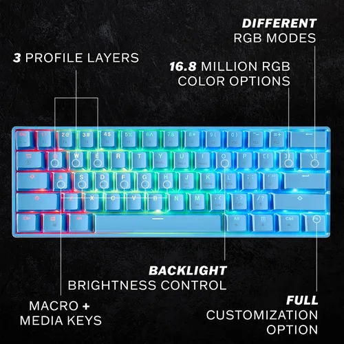 Vista 2 de HK GAMING GK61 - Teclado mecánico para juegos 60%, 61 teclas arco iris RGB retroiluminadas por LED, USB, programable, PCMac, interruptores mecánicos