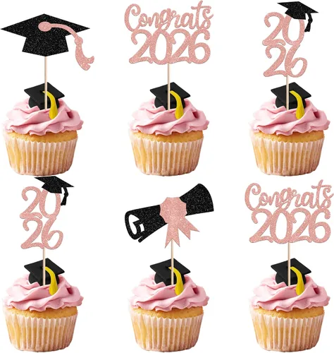 Vista 33 de 30 piezas de decoración para cupcakes de graduación para la clase de 2026 con purpurina brillante para el futuro diploma hecho 2026 Felicidades