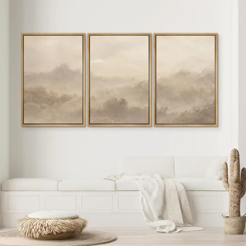 Vista 581 de SIGNWIN Lienzo enmarcado para pared, juego de arte pastel con cadena montañosa, bosque, niebla, naturaleza silvestre, ilustraciones modernas, arte