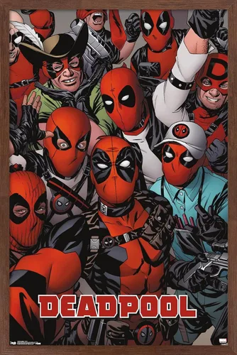 Vista 17 de Marvel Comics Deadpool - Póster de pared con caras, 22.4 pulgadas de largo x 14.7 pulgadas de ancho, versión enmarcada de madera de granero