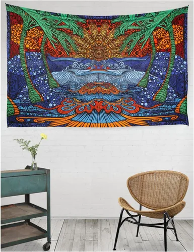 Vista 3 de Tapiz / mantel, alegría solar 3D, paraíso tropical, ola de surf, palmera. Clásico