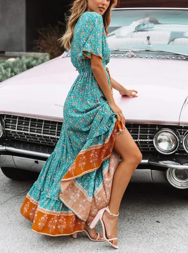 Vista 5 de R.Vivimos Vestido por debajo de la rodilla, para mujer, manga corta, de algodón, con cuello en V, diseño floral y estilo informalbohemio