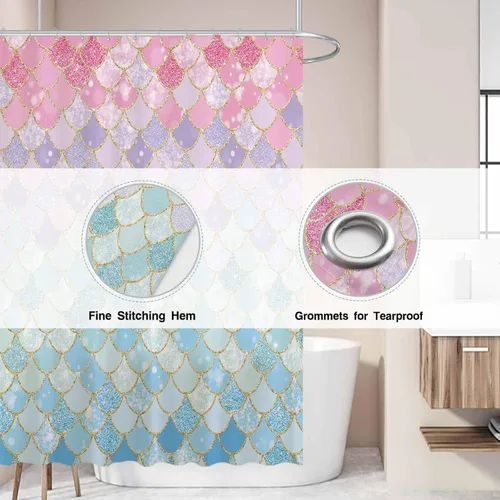 Vista 3 de Allenjoy Cortina de ducha con escamas de sirena de 72 x 72 pulgadas para baño, océano bajo el mar, decoración de baño rosa y azul, tela impermeable