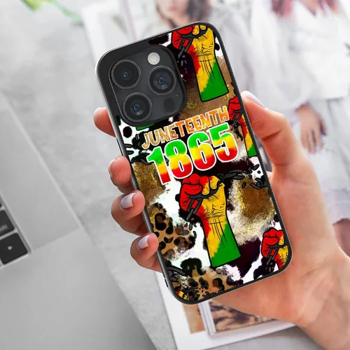 Vista 3 de Juneteenth 1865 Power Hand Leopard Cow Break Chain Funda compatible con iPhone 16 15 14 13 12 11 Pro Max Galaxy S25 S24 S23 S22 S21 FE Ultra Plus