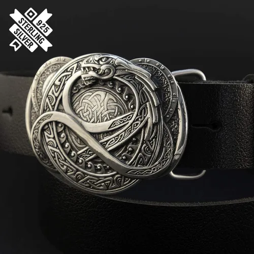 Vista 7 de Hebilla de cinturón Jormungand de plata, antiguo dragón escandinavo nórdico Jormungandr Ouroboros hebilla de cinturón de plata esterlina 925 maciza