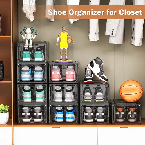 Vista 6 de YFXCVSL Paquete de 10 organizadores de zapatos, cajas de zapatos resistentes apilables con puerta magnética, almacenamiento grueso para zapatos